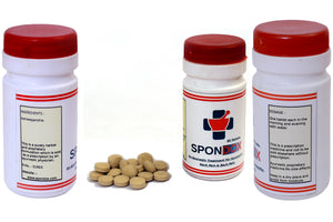 A plastic bottle of 40 days course with its content which is ashwagandha tablets and the three views of the plastic bottle showing the ingredients, dosage and rest of the branding.